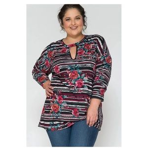 Story Teller Striped Floral Print 3/4 Sleeve Top Choker Keyhole Neckline Size 1X